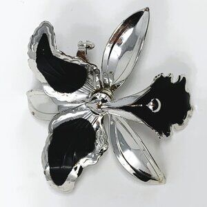 Silver Tone Black Enamel Large Orchid Brooch